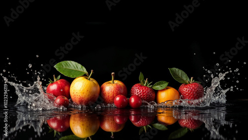 Banner with fruits and water splashes on black isolated background, studio lighting