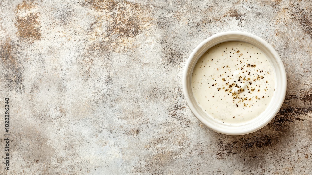 Creamy dipping sauce in a white bowl, top view on a textured background, copy space available for text Creamy dipping sauce in a white bowl, top view on a textured background, copy space available for text