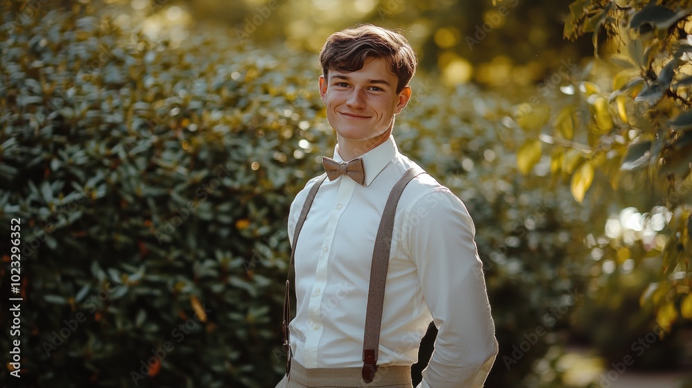 Young man in suspenders and bow tie smiles in a garden setting Young man in suspenders and bow tie smiles in a garden setting