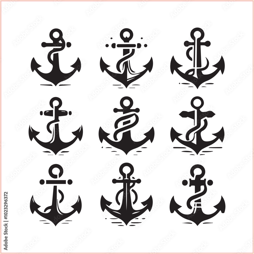 Set of sea anchor symbol set isolated anchor with a heart charm on white background vector illustration Set of sea anchor symbol set isolated anchor with a heart charm on white background vector illustration