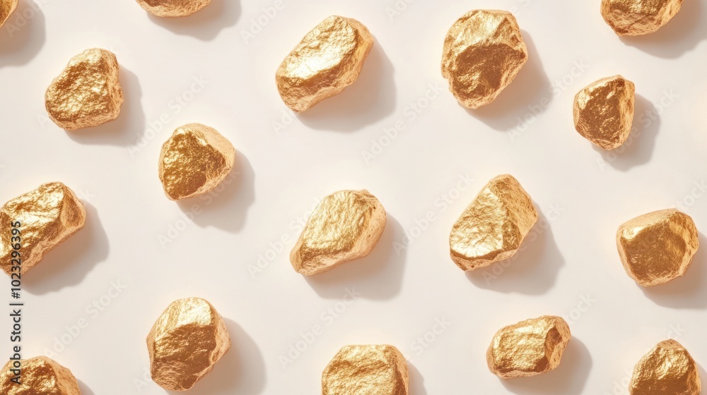 A group of rough gold nuggets arranged on a clean white backdrop A group of rough gold nuggets arranged on a clean white backdrop