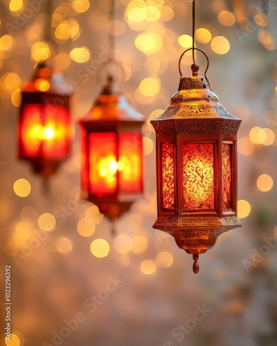 Wallpaper Mural A row of glowing red lanterns hanging in soft lighting, with golden sparkles in the blurred background, creating a warm festive tone. Torontodigital.ca