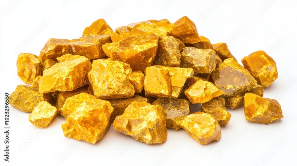 A pile of raw, unrefined gold nuggets isolated against a plain white backdrop A pile of raw, unrefined gold nuggets isolated against a plain white backdrop