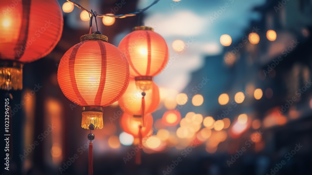 A row of red lanterns glowing brightly, hanging above a crowded street, with blurry festive lights in the background and warm celebratory tones. A row of red lanterns glowing brightly, hanging above a crowded street, with blurry festive lights in the background and warm celebratory tones.