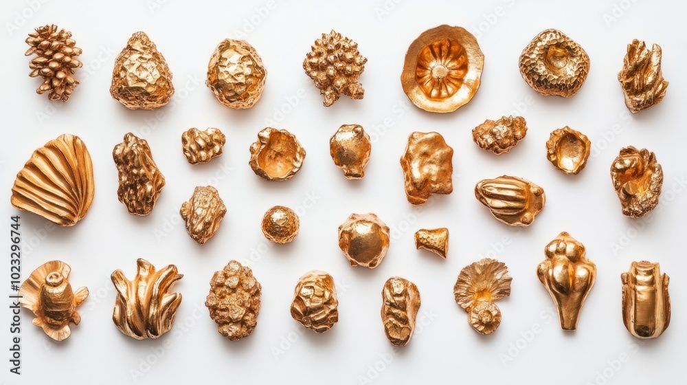 Assorted gold nuggets of different shapes and sizes isolated against a white backdrop Assorted gold nuggets of different shapes and sizes isolated against a white backdrop