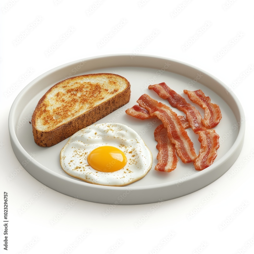 An isolated 3D icon of a classic breakfast plate with eggs, bacon, and toast, arranged on a clean white background An isolated 3D icon of a classic breakfast plate with eggs, bacon, and toast, arranged on a clean white background