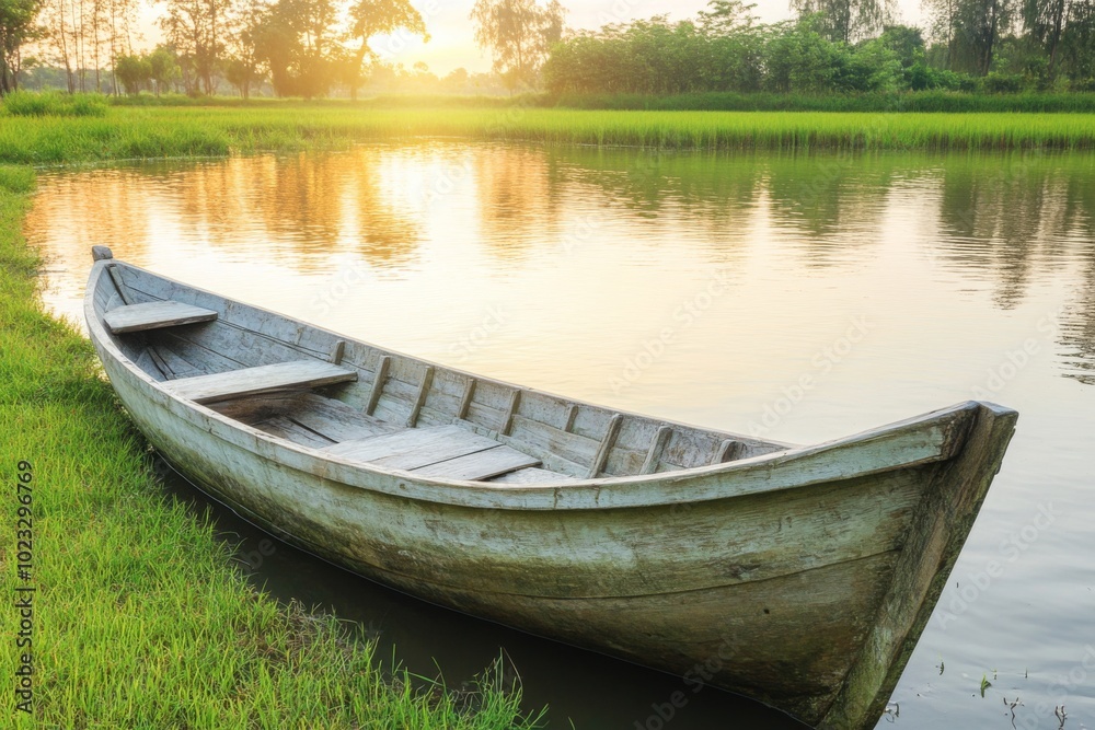 Wooden Boat Moored on a Tranquil Lake at Sunset Wooden Boat Moored on a Tranquil Lake at Sunset
