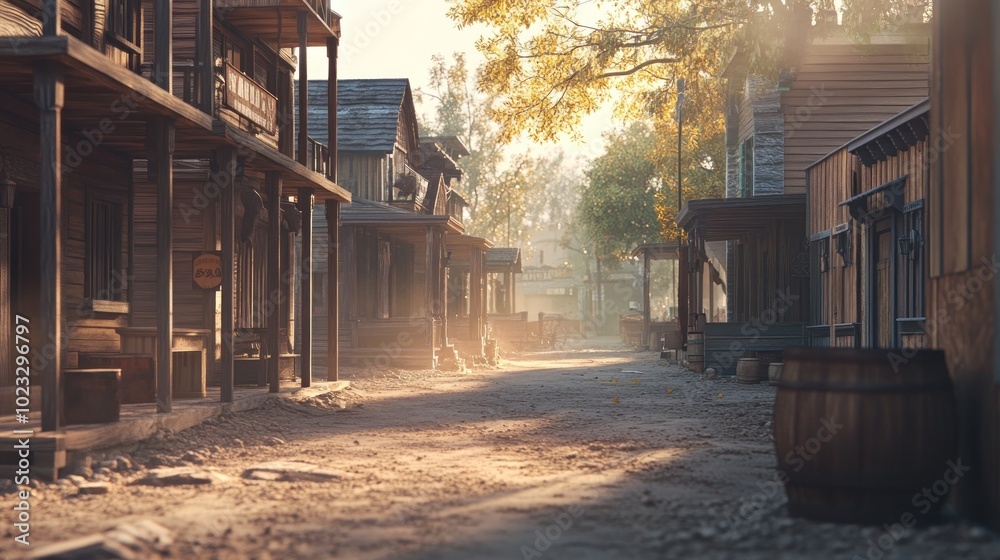 A quiet, sunlit old west street with wooden buildings and barrels, evoking a historical atmosphere.