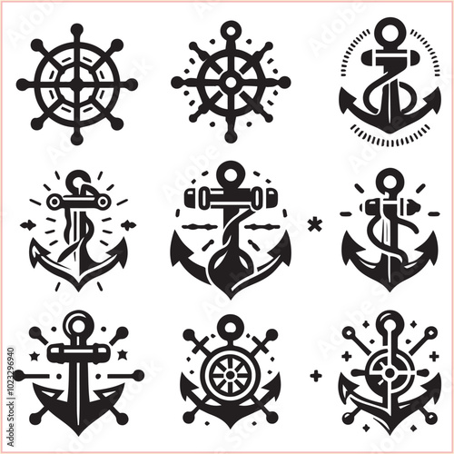 Set of sea anchor symbol set isolated anchor with a heart charm on white background vector illustration