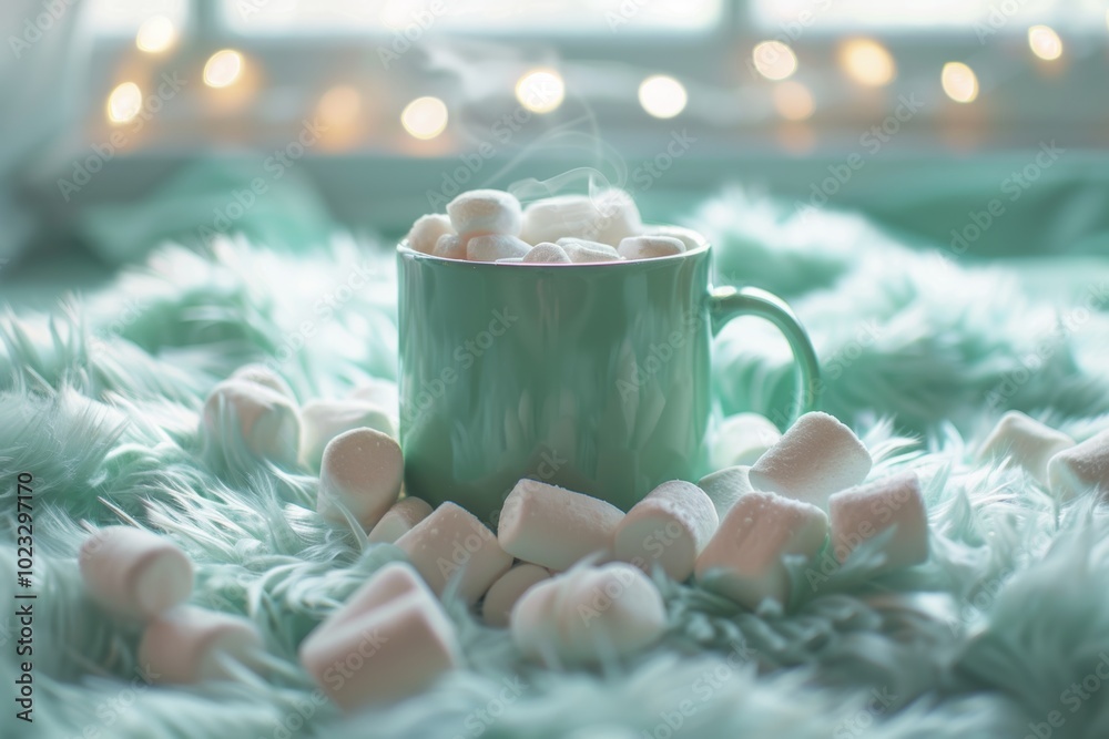 Cozy mug of marshmallows on fluffy blanket with warm lighting
