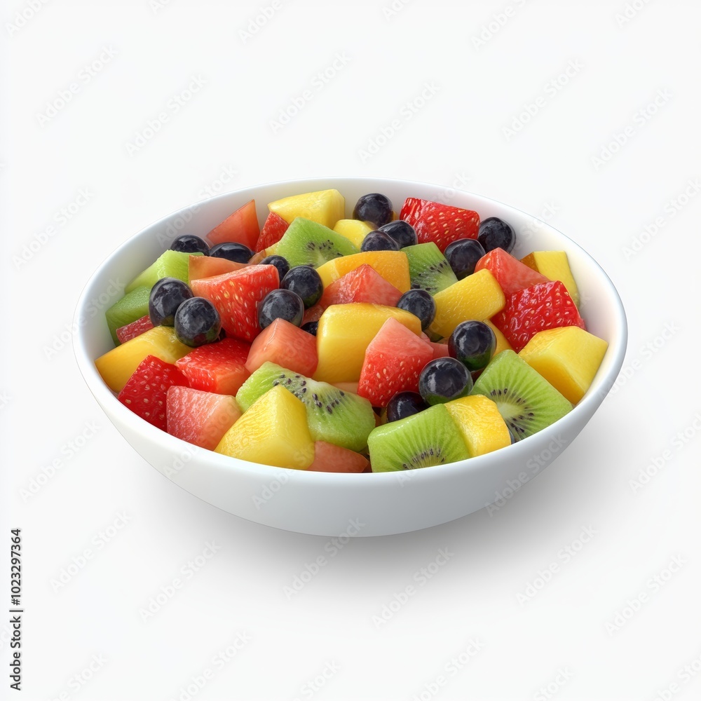 An isolated 3D icon of a refreshing fruit salad bowl with assorted fruits, displayed on a clean white surface An isolated 3D icon of a refreshing fruit salad bowl with assorted fruits, displayed on a clean white surface
