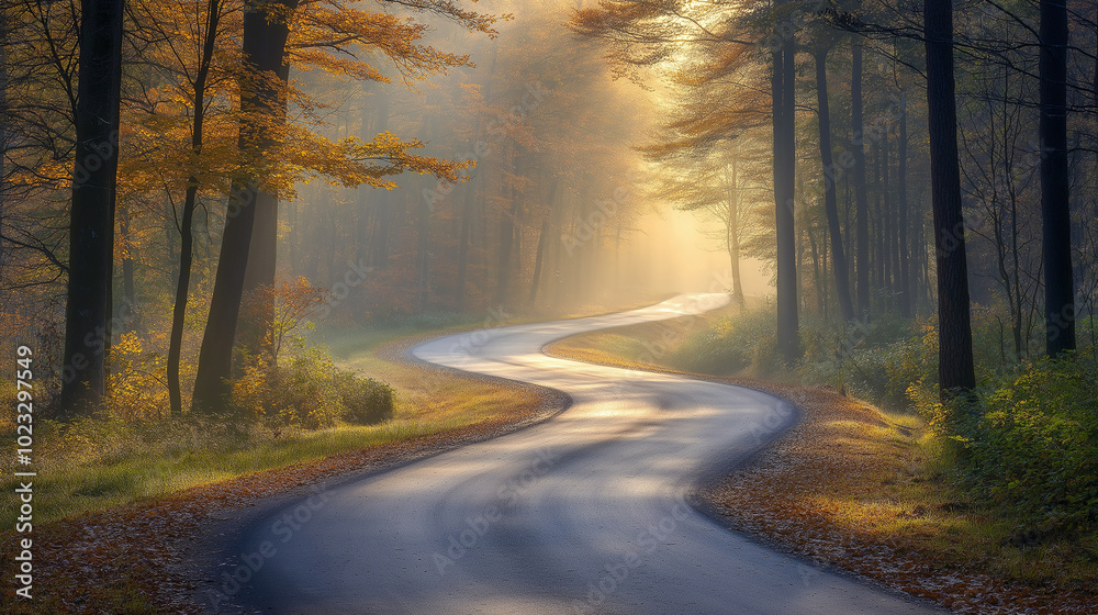 Obraz premium A long, winding road disappearing into a misty forest, early morning light