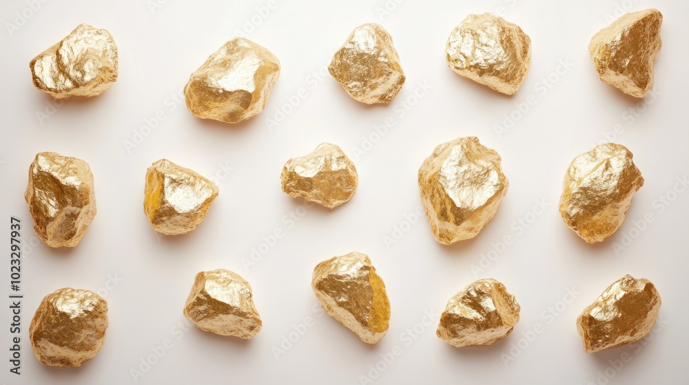 Collection of glittering gold nuggets on a plain white background Collection of glittering gold nuggets on a plain white background