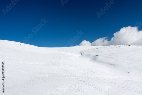 Breathtaking scenery on the snowy slopes of Kaimaktsalan ski center, Edessa, Greece