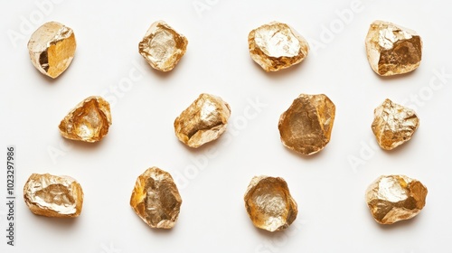 Collection of glittering gold nuggets on a plain white background