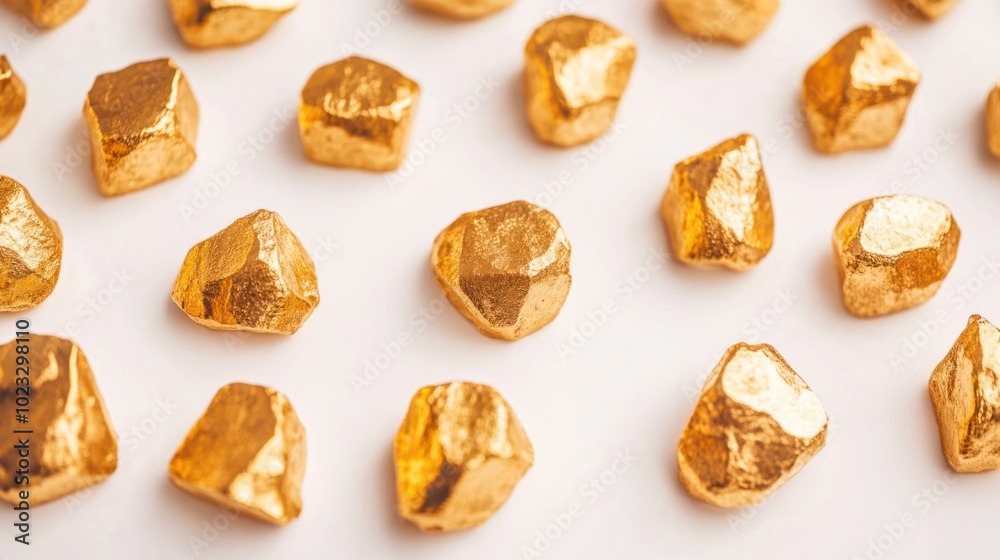 Collection of irregularly shaped gold nuggets on a clean white surface Collection of irregularly shaped gold nuggets on a clean white surface