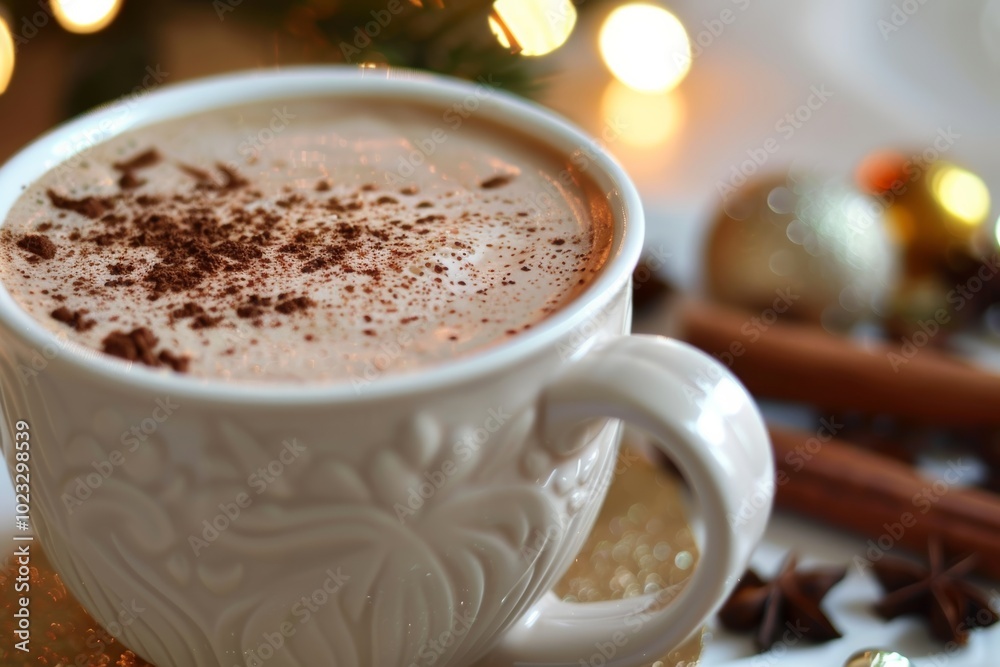Cozy hot chocolate with cinnamon and holiday decor Cozy hot chocolate with cinnamon and holiday decor