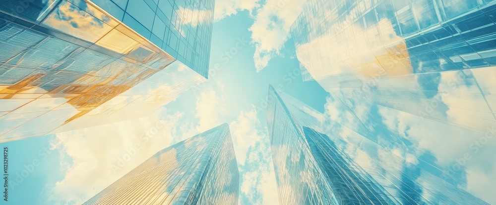 A Low-Angle Perspective of Glass Skyscrapers Reaching for the Cloudy Sky A Low-Angle Perspective of Glass Skyscrapers Reaching for the Cloudy Sky