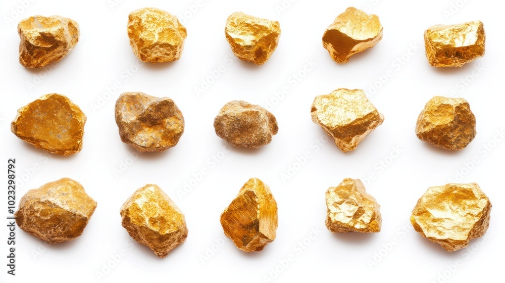 Collection of rough and raw gold nuggets with textured surfaces on a clean white background Collection of rough and raw gold nuggets with textured surfaces on a clean white background