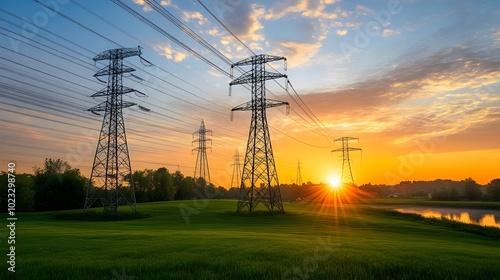 A beautiful sunrise over the countryside with power lines and a Flemish energy company's electric grid, energy storage facility