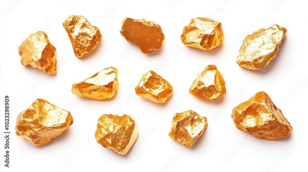 Collection of rugged gold nuggets with bright, reflective surfaces on a white backdrop Collection of rugged gold nuggets with bright, reflective surfaces on a white backdrop