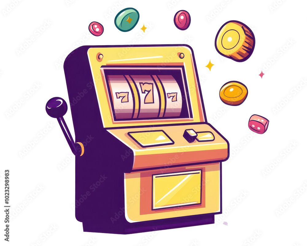 Colorful cartoon slot machine with spinning reels and coins, white isolate background. Colorful cartoon slot machine with spinning reels and coins, white isolate background.