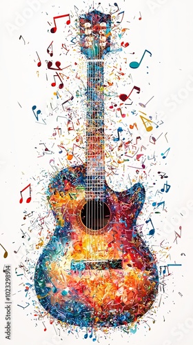 A colorfully infused acoustic guitar, surrounded by animated musical notes, illustrating the vibrant connection between art and music as expressive human languages. photo