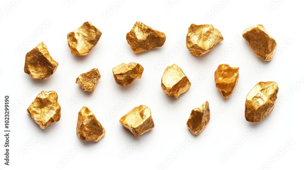 Group of irregularly shaped gold nuggets with rough edges isolated against a plain white background