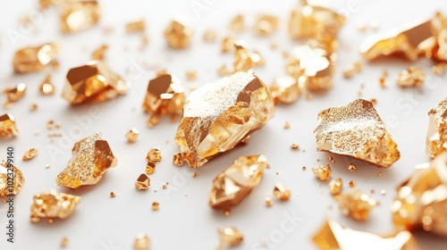 Group of glittering gold nuggets with natural shapes scattered on a white background