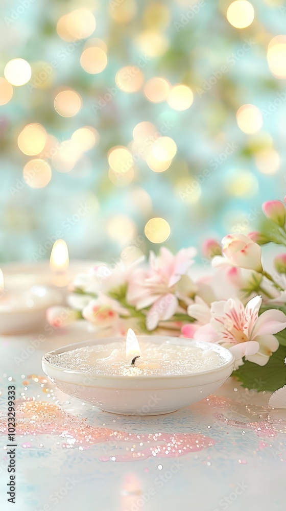 A close-up of a white candle with flowers and glowing bokeh lights, creating a serene and peaceful atmosphere.