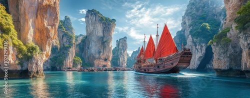 Majestic Chinese Junk Ship Sailing into Harbor