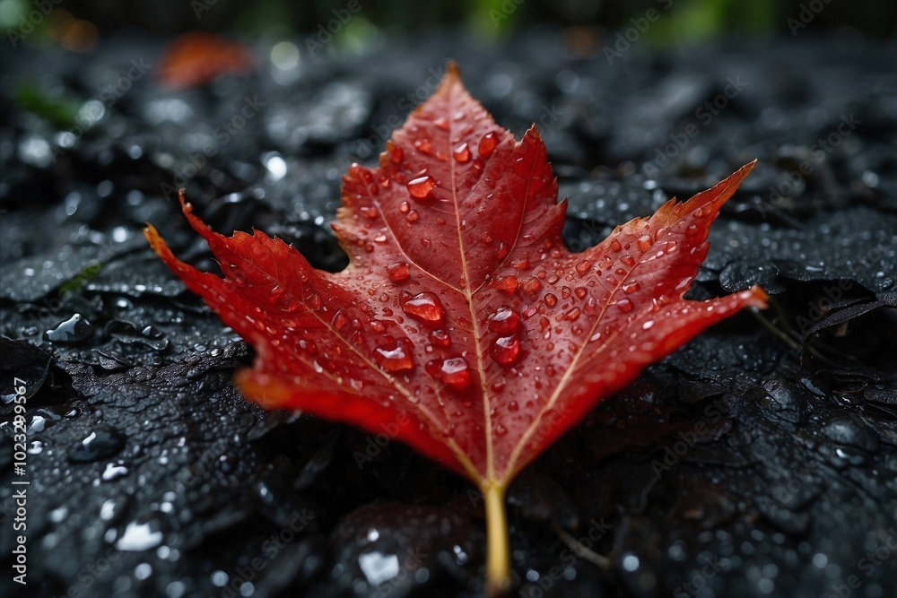 Bright Red Leaf Lying Against a Background of Black Leaves on a Rainy Day Bright Red Leaf Lying Against a Background of Black Leaves on a Rainy Day