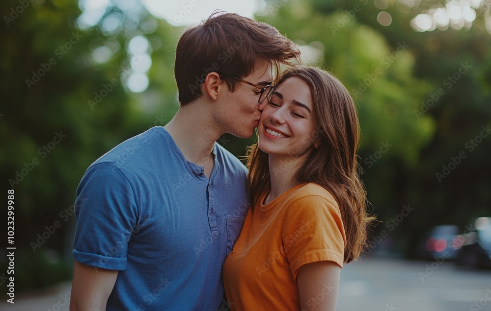 Obraz premium Young couple sharing a tender moment outdoors in the afternoon sun