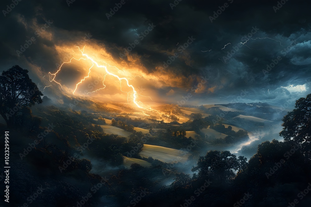 Obraz premium Lightning Strike Over a Misty Forest Landscape
