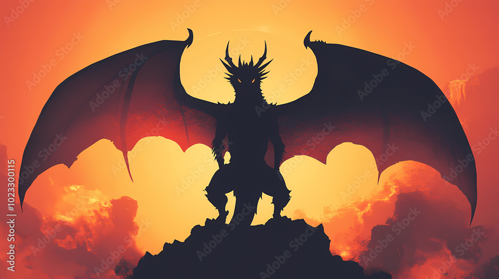 A silhouette of a dragon with outstretched wings, emphasizing a mythical creature design. Shadow Dragon. Illustration A silhouette of a dragon with outstretched wings, emphasizing a mythical creature design. Shadow Dragon. Illustration