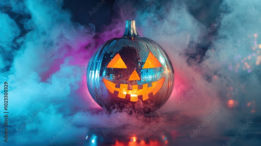 Naklejka premium A glittering disco pumpkin lights up a Halloween celebration in fog