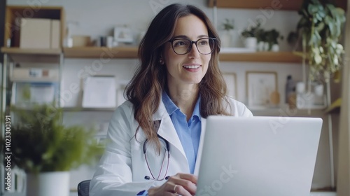 Doctor consulting with a patient through a laptop in a modern office