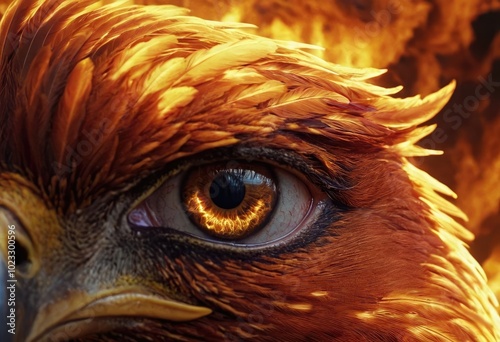 A close-up of a phoenix's intense eyes, surrounded by swirling flames, with intricate feathers glowing with fiery energy