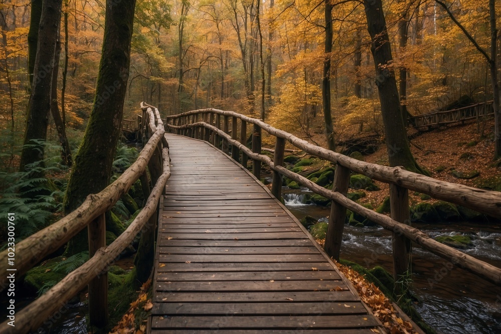 Obraz premium Elegant Wooden Footbridge Over a Small Stream in an Autumn Forest, Magical Colors of Nature