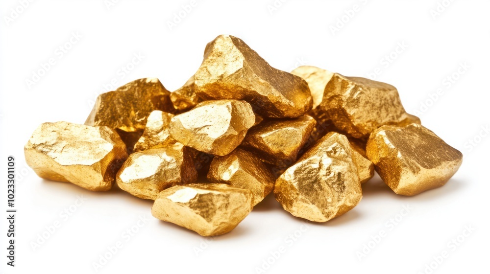 Pile of uncut gold nuggets with rough surfaces on a clean white backdrop Pile of uncut gold nuggets with rough surfaces on a clean white backdrop