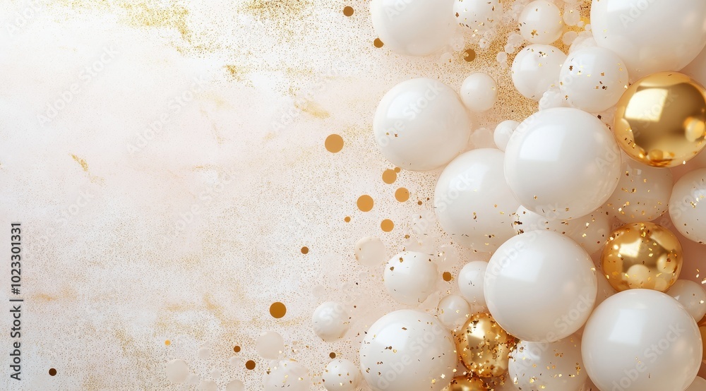 White and Gold Balloons with Confetti on a Glittering Surface White and Gold Balloons with Confetti on a Glittering Surface