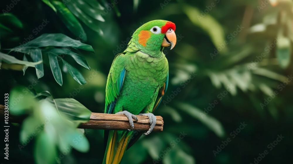 A green parrot perched on a wooden branch, its vibrant feathers blending seamlessly with the surrounding tropical foliage.
