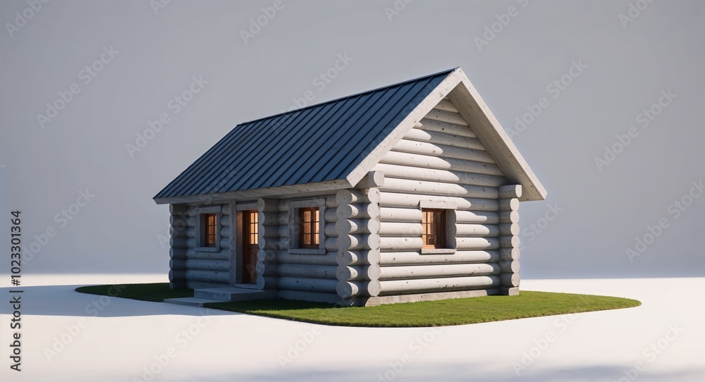 Cement log cabin house with smooth walls and slanted metal roof on plain white background Cement log cabin house with smooth walls and slanted metal roof on plain white background