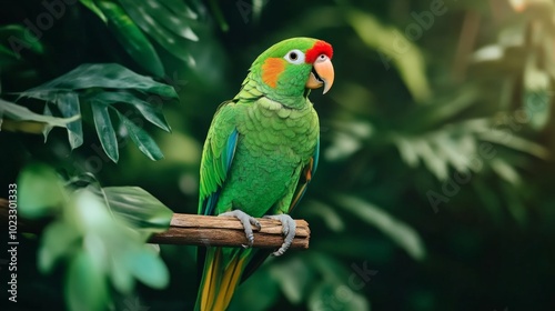 Obraz na płótnie A green parrot perched on a wooden branch, its vibrant feathers blending seamlessly with the surrounding tropical foliage. w salonie