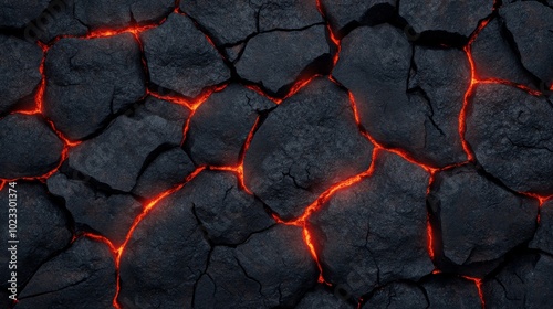 Abstract lava stone texture with dark black, deep red, and glowing orange cracks, creating a molten rock effect on a plain background 