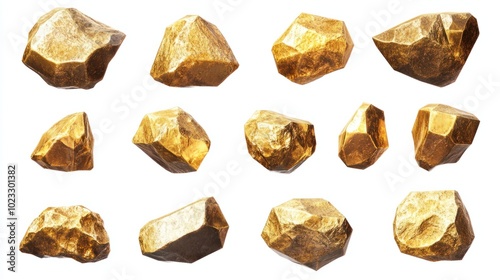 Set of glistening gold nuggets with textured surfaces isolated against a white background