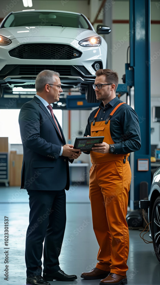 A business professional discusses vehicle maintenance with a mechanic in a modern garage. This image is ideal for automotive service promotions, corporate training, and industry publications A business professional discusses vehicle maintenance with a mechanic in a modern garage. This image is ideal for automotive service promotions, corporate training, and industry publications