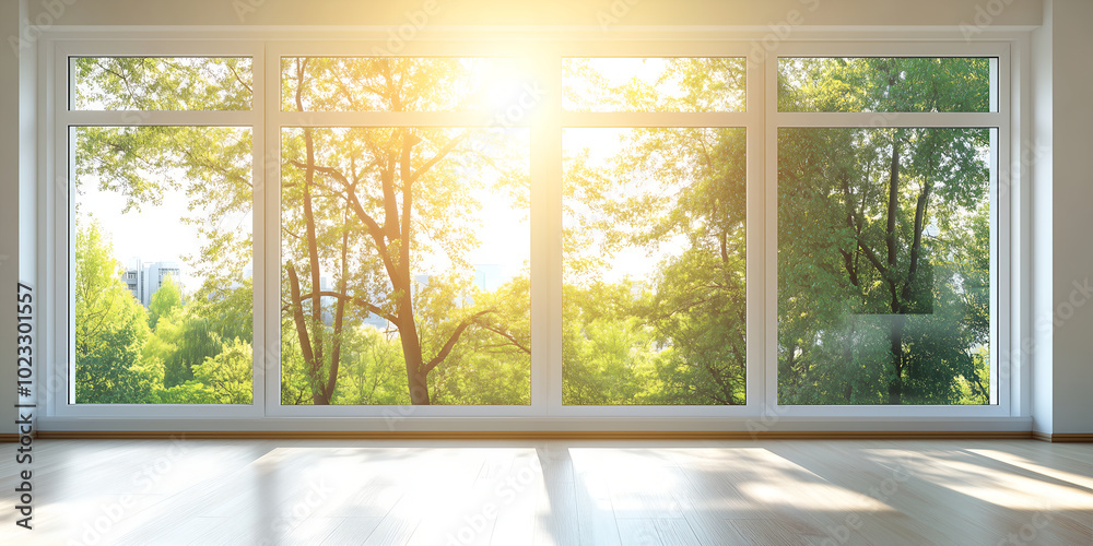 Empty room with panoramic window and sunlight. 3d rendering
