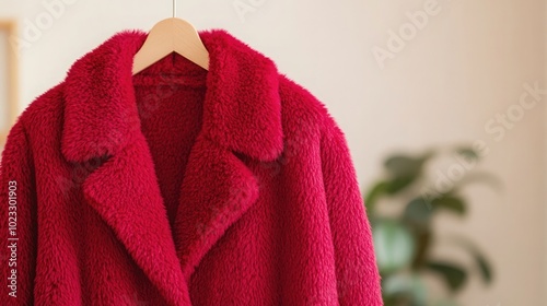 Close-Up of a Burgundy Faux Fur Coat on Wooden Rack Highlighting Velvety Texture