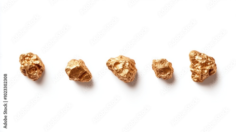 Set of textured gold nuggets of different sizes arranged on a clean white background Set of textured gold nuggets of different sizes arranged on a clean white background